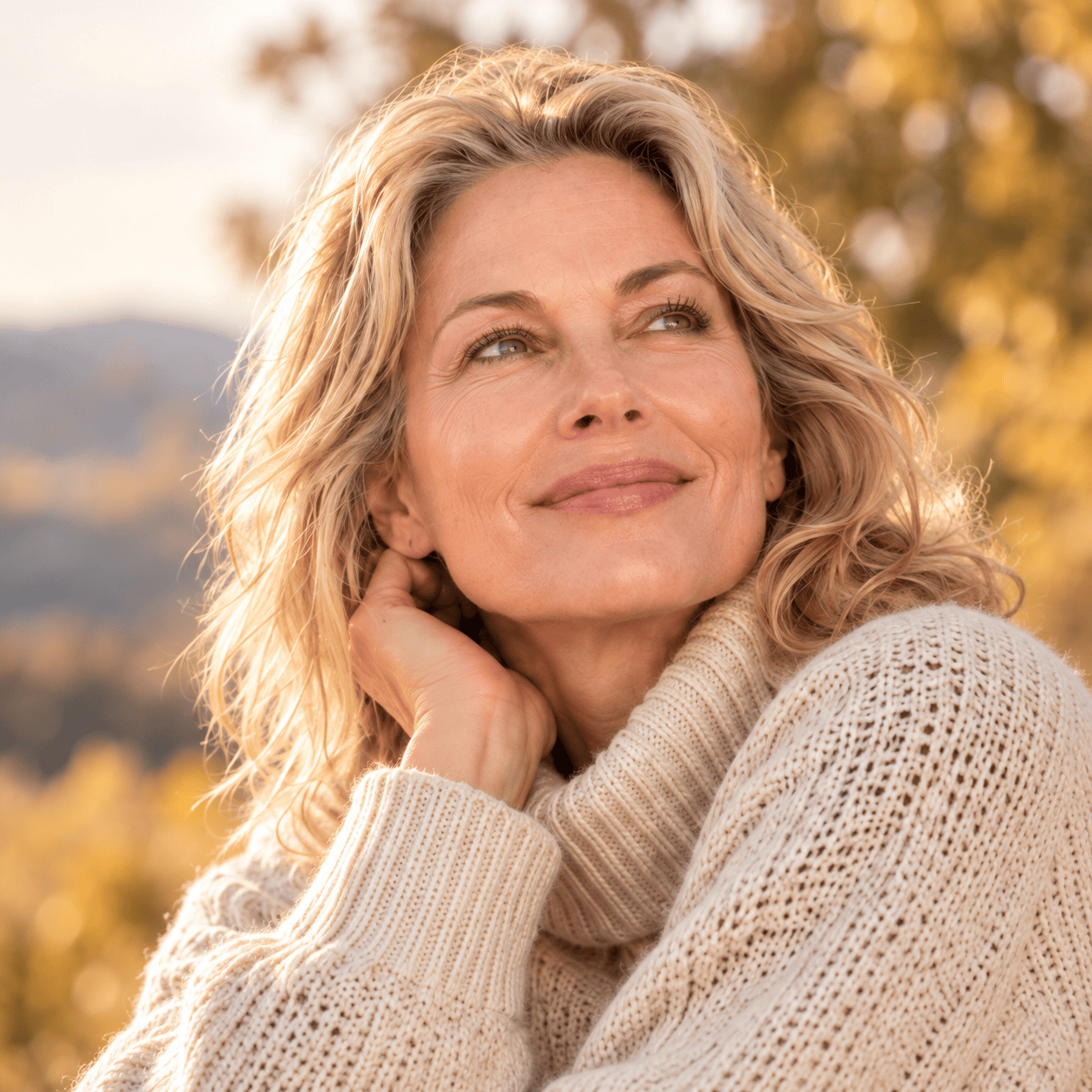 Blonde woman in an ivory sweater looking upward in soft autumn light